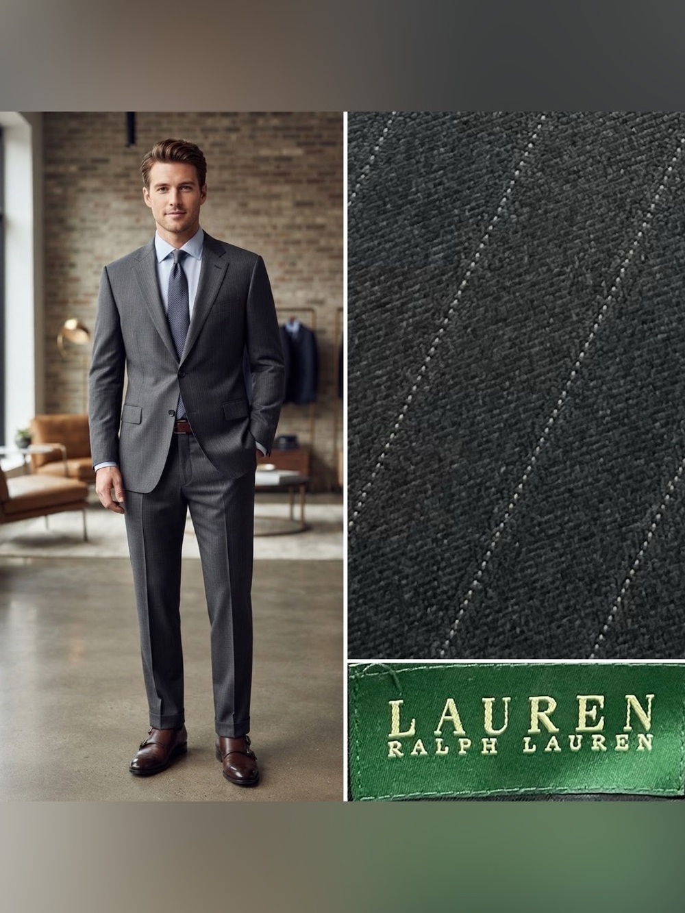 Ralph Lauren 52XL Blazer 42x33 Pants Charcoal Gray Pinstripe Pleated Men's Suit